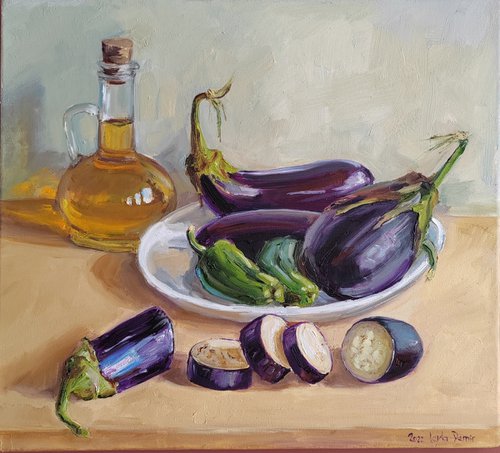Blue Eggplant Vegetables in a Plate with olive oil still life painting by Leyla Demir