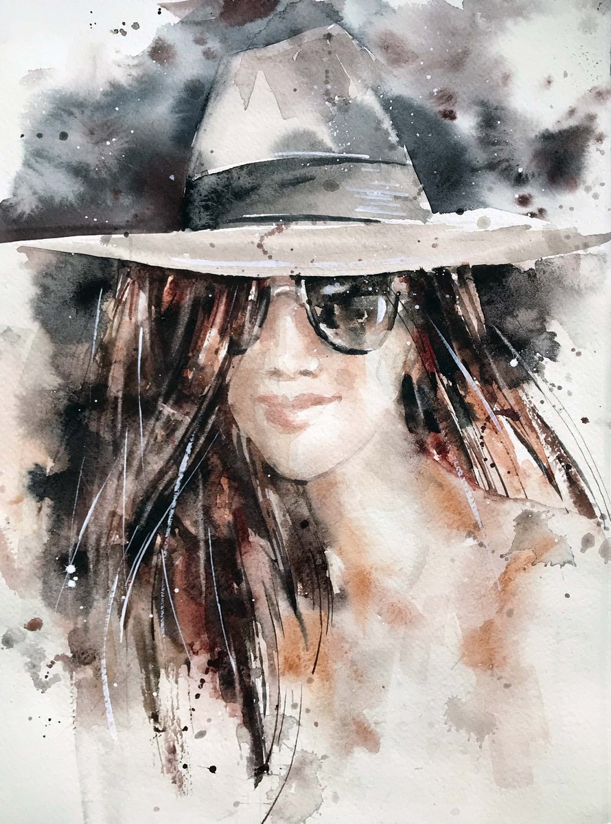 White hat. Portrait. one of a kind, original painting. by Galina Poloz