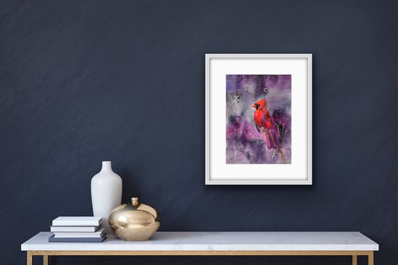 Bird watercolor painting - Red Cardinal wall art - Christmas gift for bird lover