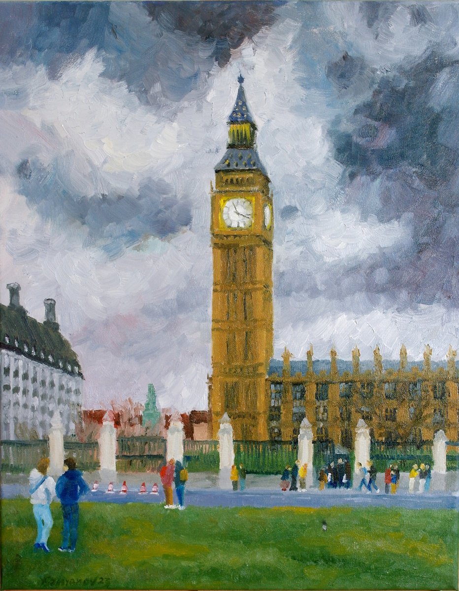 Impressionistic Cityscapes Oil Painting By Juri Semjonov, 16 X 20", London, Spring, Big Ben, Original Artwork
