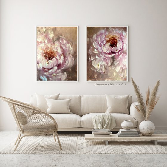 Beige abstract flower set 2 - art of peonies delicate petals.