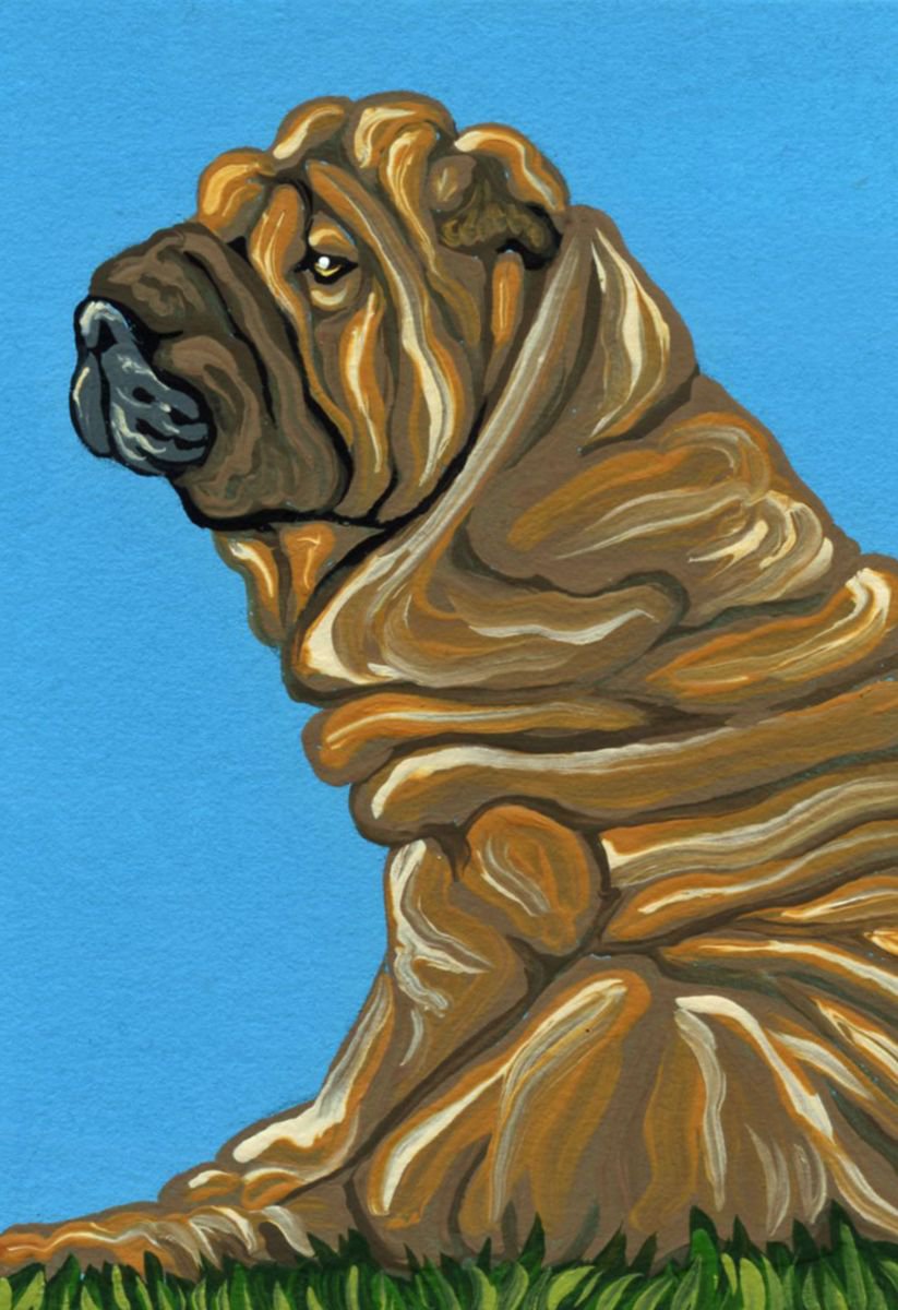 ACEO ATC Original Painting Shar-Pei Pet Wrinkle Dog Art-Carla Smale by carla smale