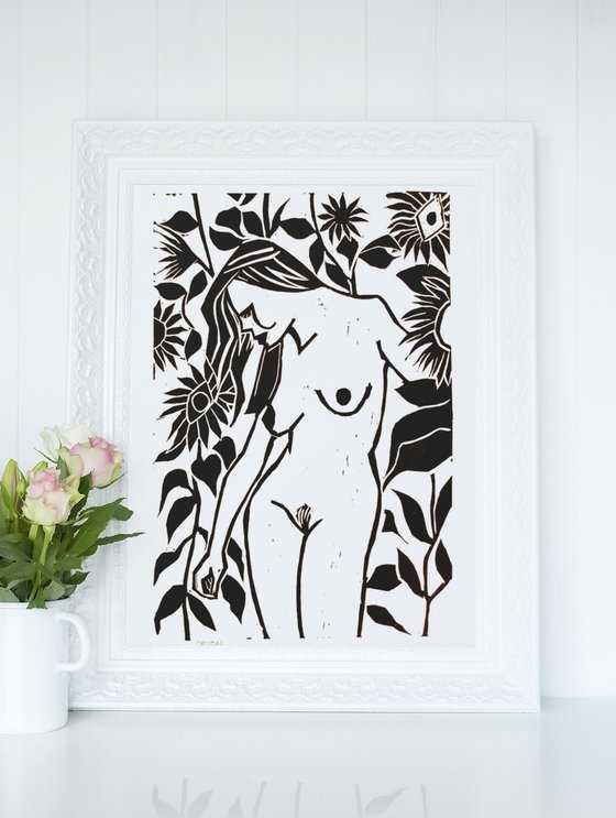 Standing Nude Amongst Sunflowers Expressionist Lino Cut Hand Pulled Print