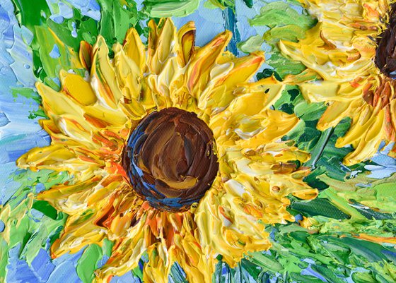 Sunflowers on Blue III - Original Floral Painting on Canvas, Palette Knife Art, Textured Impasto Artwork