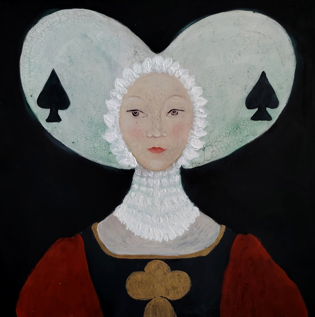 Surrealistic Portrait Painting By Kira K. Sadian, 12 X 12", The Queen Of Spades, Original Artwork