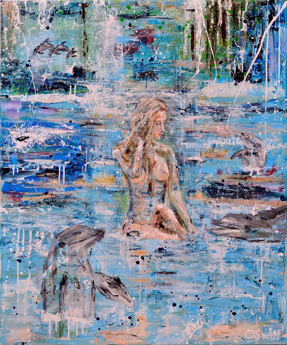 Female nude/ seascape PARADISE BY THE DOLPHINS LIGHT - 100 x 120 cm painting by Oswin Gesselli