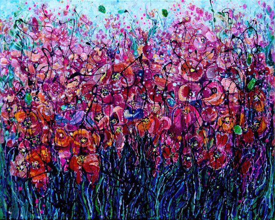 Garden Flowers in Bloom  - Original Painting   by Olena Art