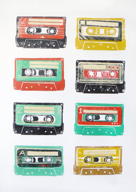 Linocut tapes #11 (cassette tapes, retro music, 70's, 80's rock culture)