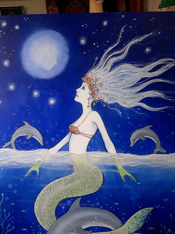 The Mermaid and the Moon - Mermaid - Sea Goddess - Dolphins - Mystical Art