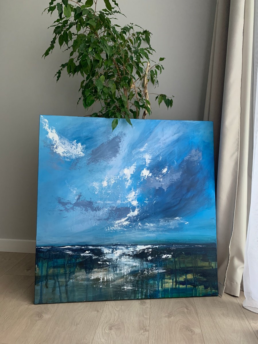 Organic Landscape Acrylic Painting By Tatiana Malinovscaia, 31 X 31", Ocean Sky Symphony, Original Artwork