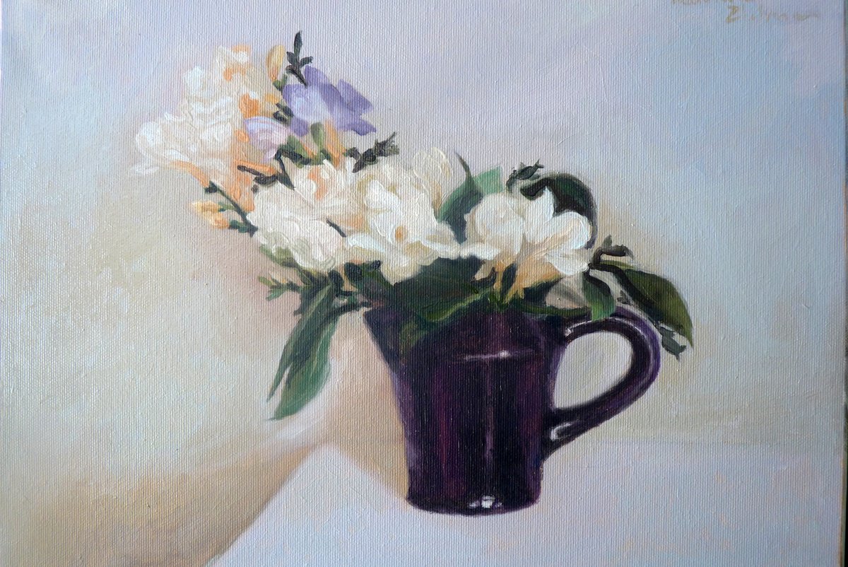 Impressionistic Still Life Oil Painting By Radosveta Zhelyazkova, 16 X 12", Freesias And Gardenias, Original Artwork