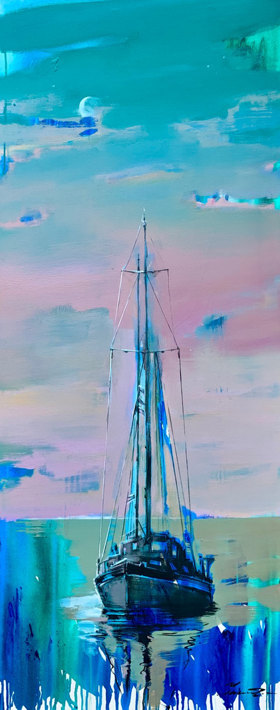 Big vertical painting - "Green dawn" - delicate color - sunset - sailing boat
