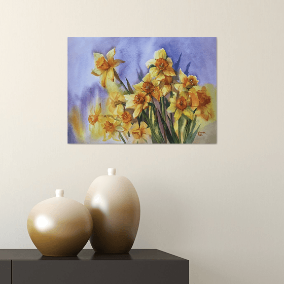 Bouquet of daffodils. Spring flowers. Botanical painting.