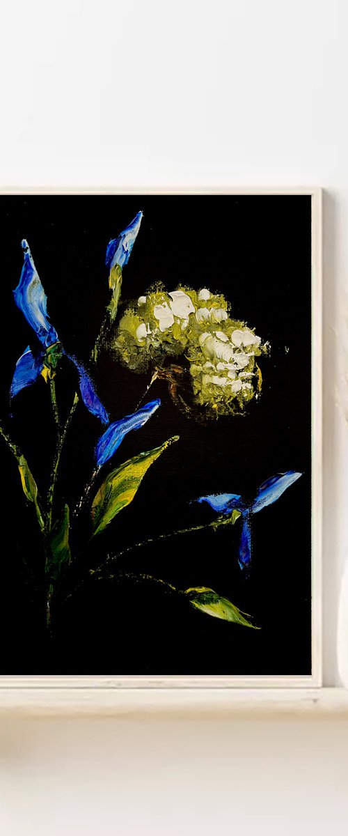IRISES AND HERBS 3 - Black mini-art landscape. Floral on black. by Marina Skromova