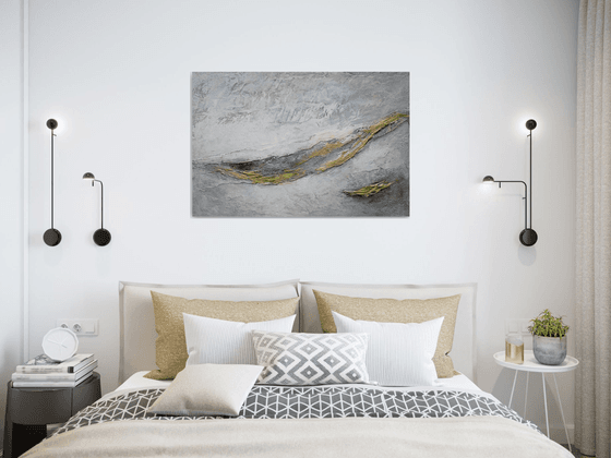 Large Abstract Large Large Abstract Painting. Gray and Gold, White. Modern Textured Art. Abstract Landscape