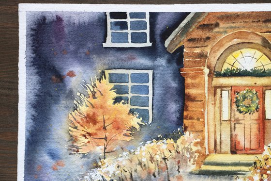 Brick house with a Christmas wreath. Christmas illustration. Original watercolor artwork.