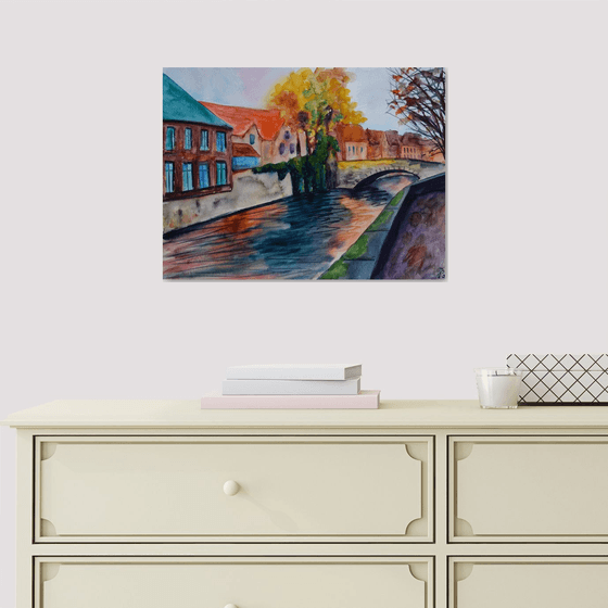 Bruges watercolour painting, Brugge cityscape wall art, Belgium