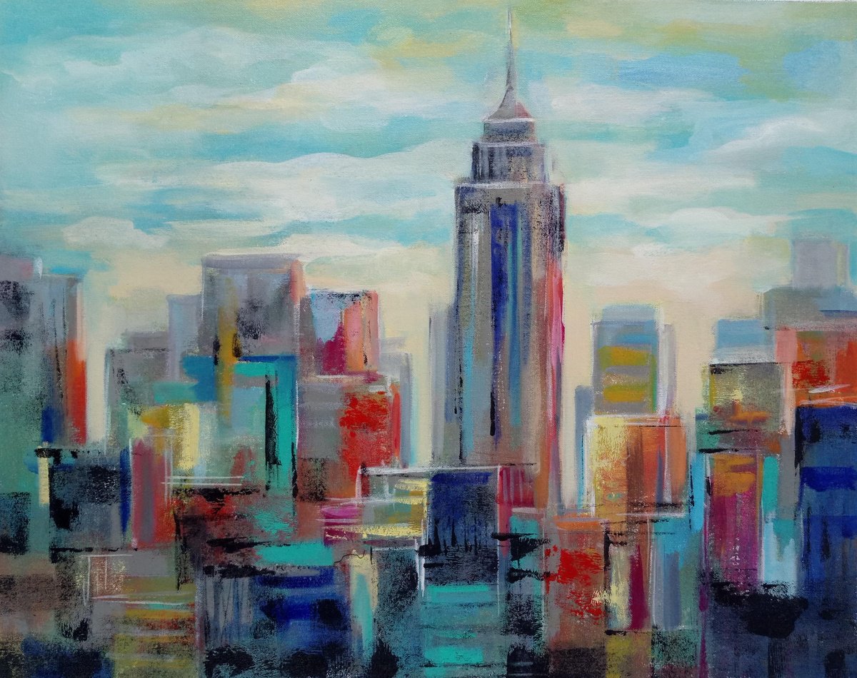 Expressive Cityscapes Acrylic Painting By Silvia Vassileva, 30 X 24", Colorful Manhattan Day, Original Artwork