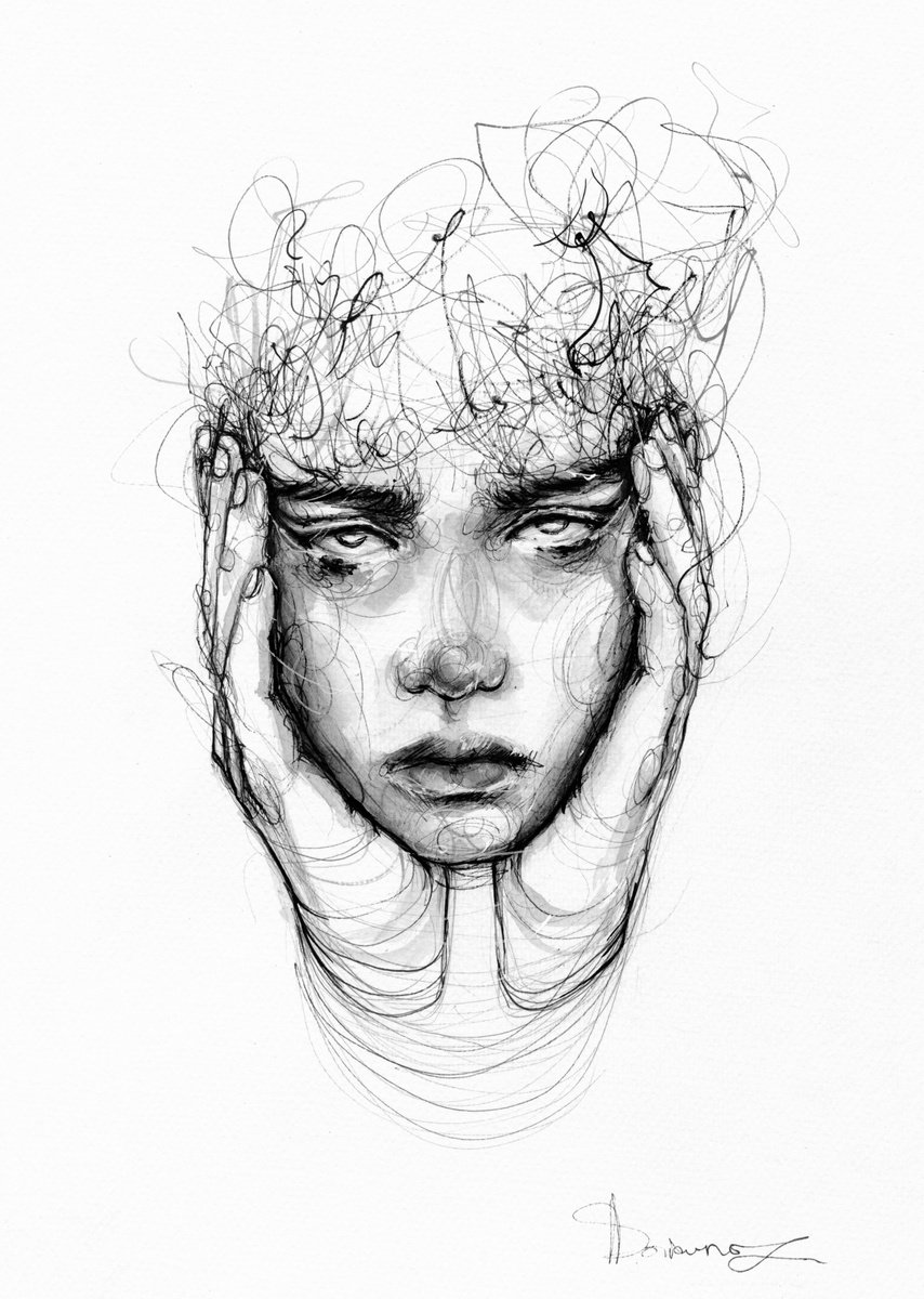 Expressive Portrait Ink Drawing By Doriana Popa, 8 X 12, Crabby, Original Artwork