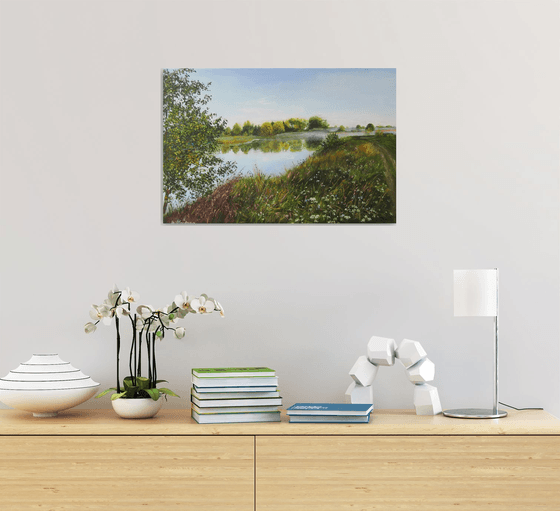 Meadow Landscape Wall Art Original, Hot Summertime Scenery with a River, Fields of Natural Flowers