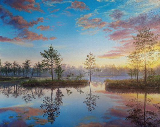 "Sunset on the lake", landscape oil painting, scenery nature art