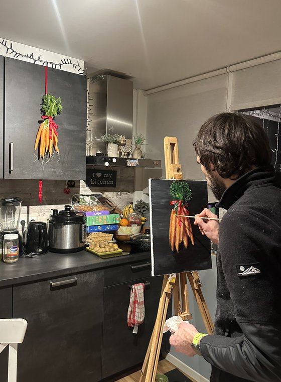 Still Life with Carrots and Red Ribbon
