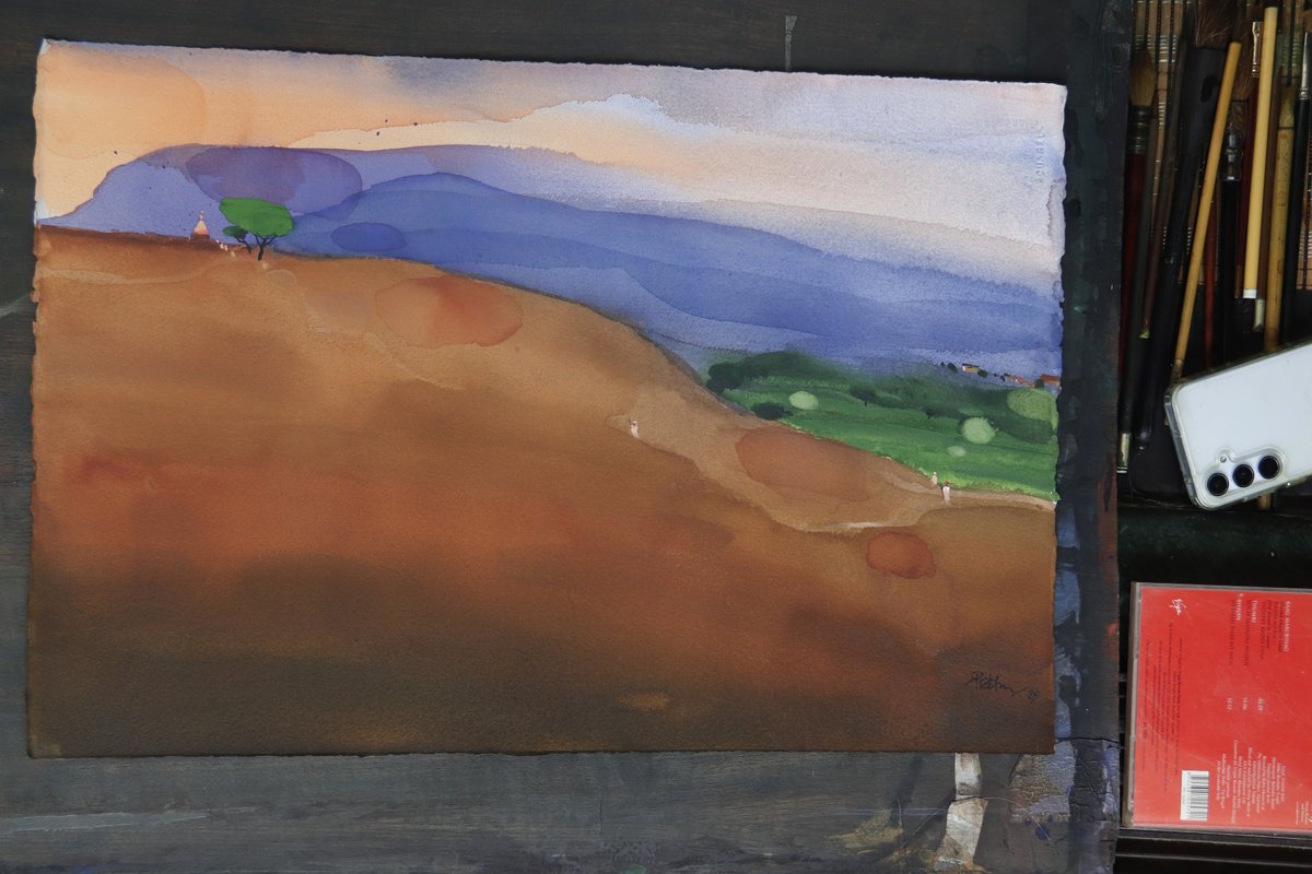 Impressionistic Landscape Watercolour By Prashant Prabhu, 22 X 15", Breaking Dawn Beyond Red Hill, Original Artwork