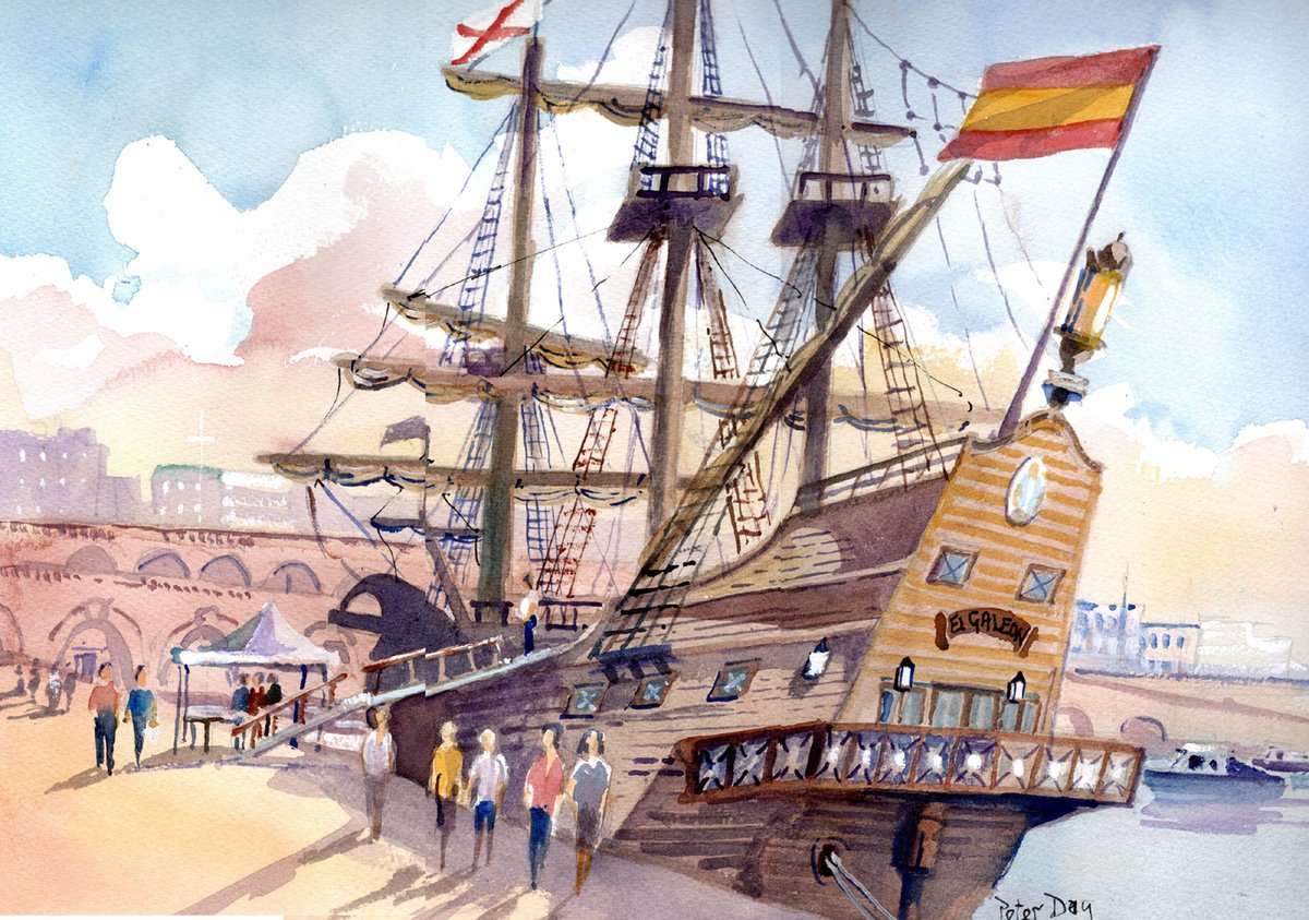 Impressionistic Landscape Watercolour By Peter Day, 17 X 13", El Galeon, Moored At Ramsgate., Original Artwork