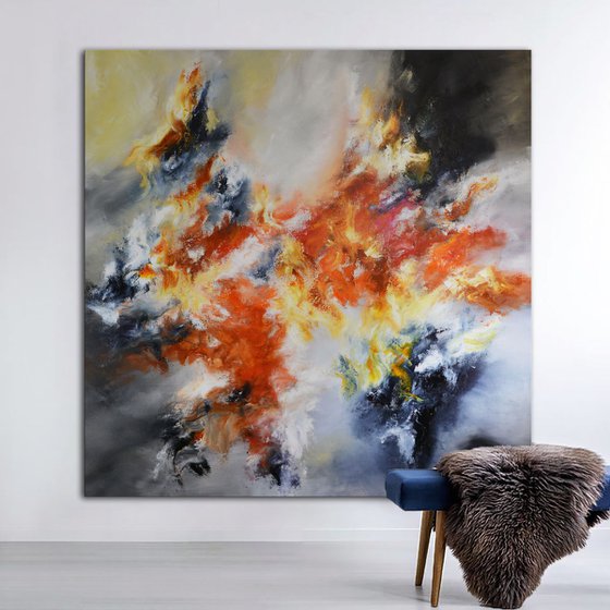 Abstract painting - Lava swell - large gray, red and orange art