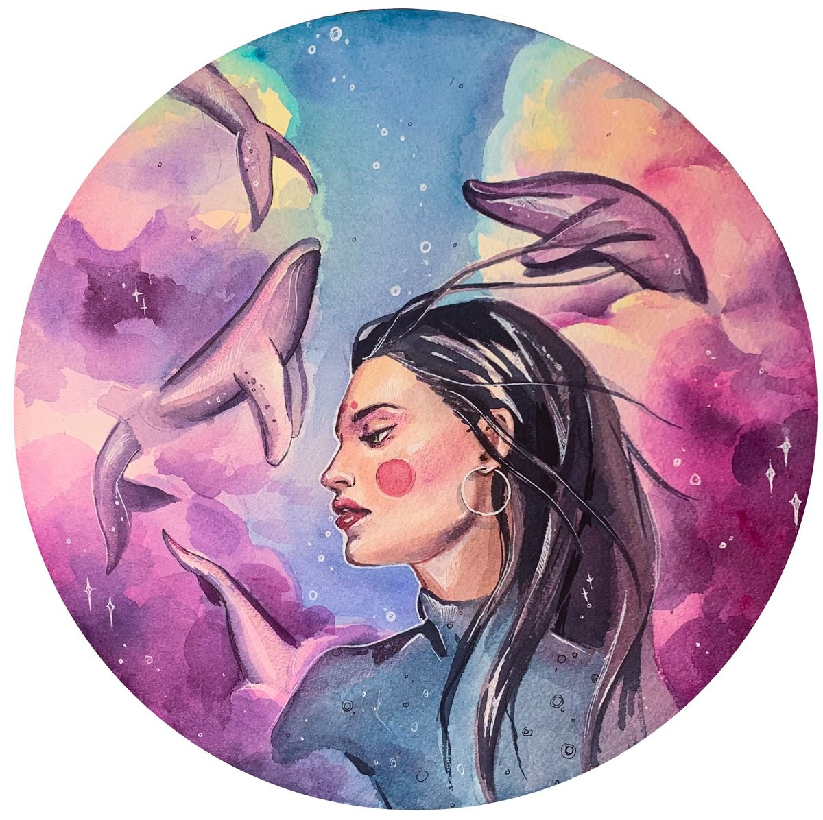 Portrait Watercolour By Belyaeva Oleksandra, 11 X 11, Dreamcatcher, Original Artwork