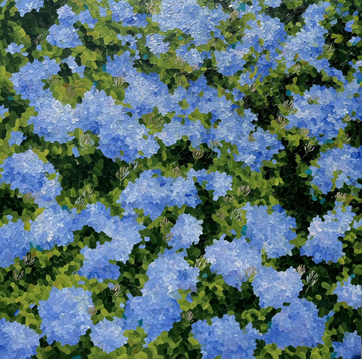Impressionistic Botanical Oil Painting By Ulyana Korol, 39 X 39", Gran Royal Blue, Original Artwork