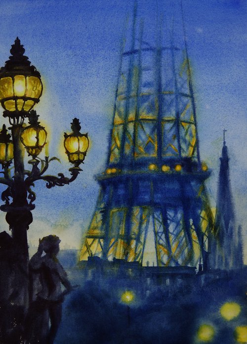 Paris Eiffel Tower seen from the Alexander III Bridge at night by Olga Beliaeva Watercolour