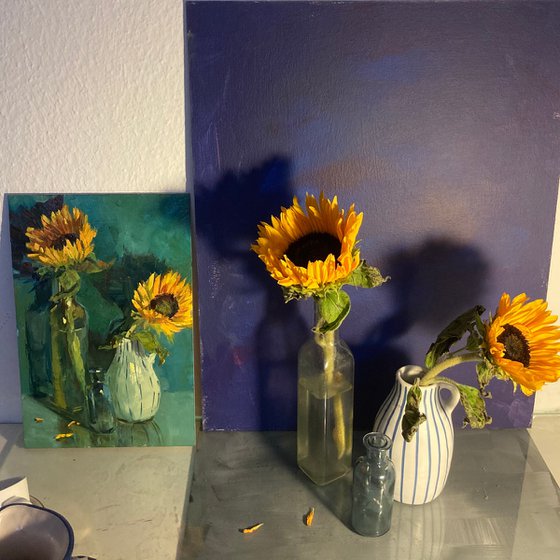 Sunflowers on deep blue
