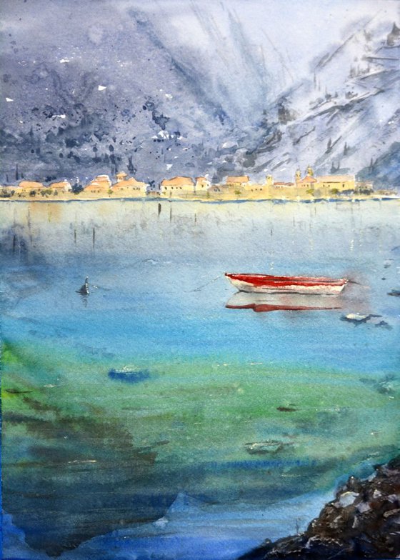 Panoramic view of Old town Kotor Montenegro medium watercolour