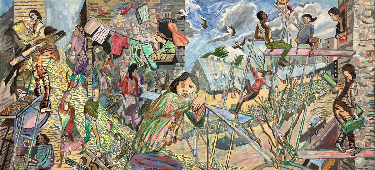 Expressive Portrait Oil Painting By Frank Creber, 79 X 35, Painting The Mural, Original Artwork