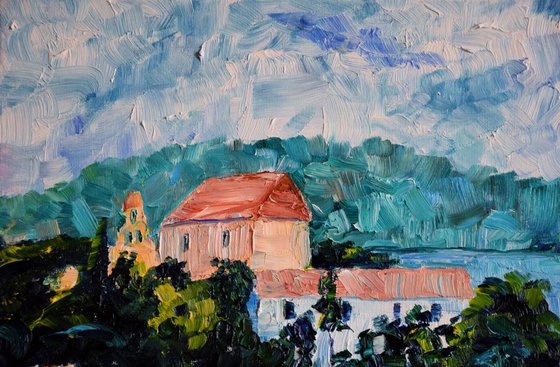 Greece island seascape large oil painting on canvas, monastery on mountain, coastal home decor