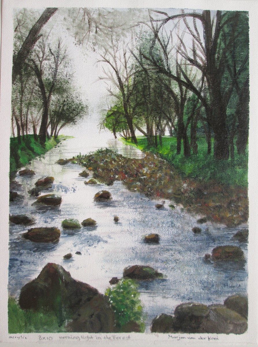 Photorealistic Landscape Acrylic Painting By Marjansart, 9 X 12", Forest In Morning Light, Original Artwork