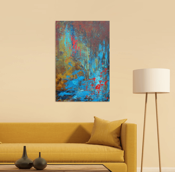 Large Blue Brown Red Abstract Landscape Painting. Modern Textured Art. Abstract. 61x91cm.