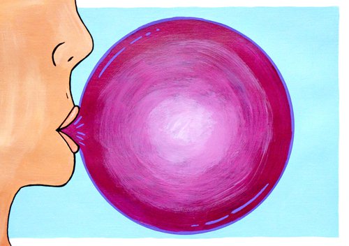 Pop! Purple Bubble Gum Pop Art Painting On Unframed Paper by Ian Viggars
