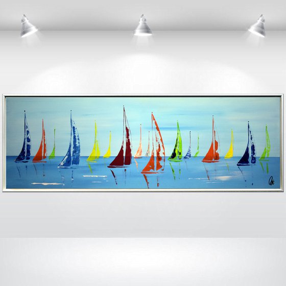 Colourful Summer II - Abstract- Colourful Sailboat Painting- Large Acrylic Art Canvas Wart Art Ready to hang