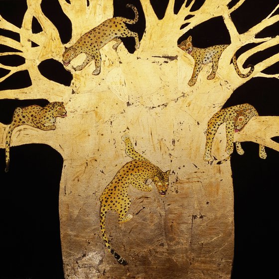 Leopards on a golden tree / Painting by Anastasia Balabina