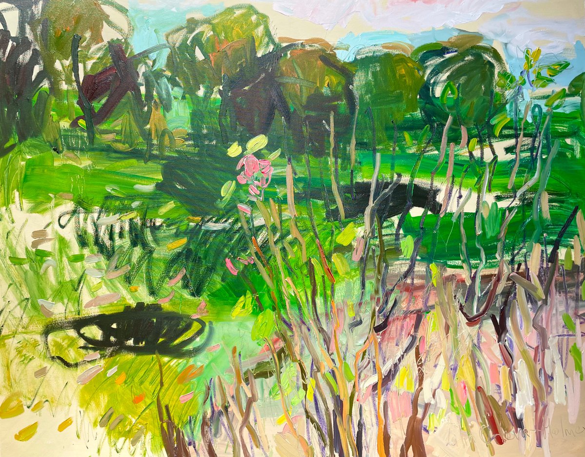 Abstract Landscape Oil Painting By Lilia Orlova-Holmes, 59 X 47", An Autumn Walk. Last Roses., Original Artwork