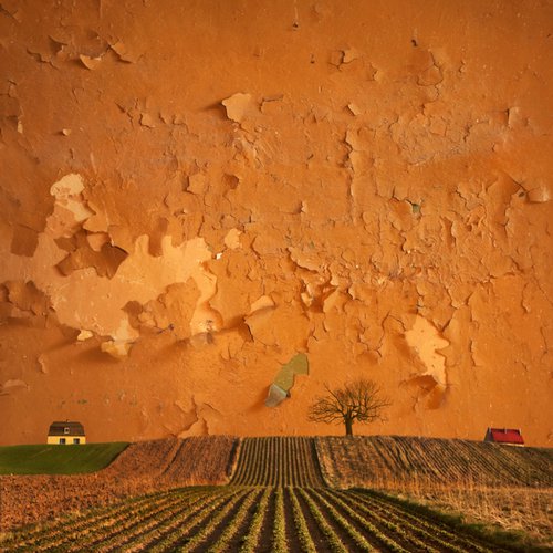 Village Of The Sun, 100x100cm, golden canvas. by Dariusz Klimczak