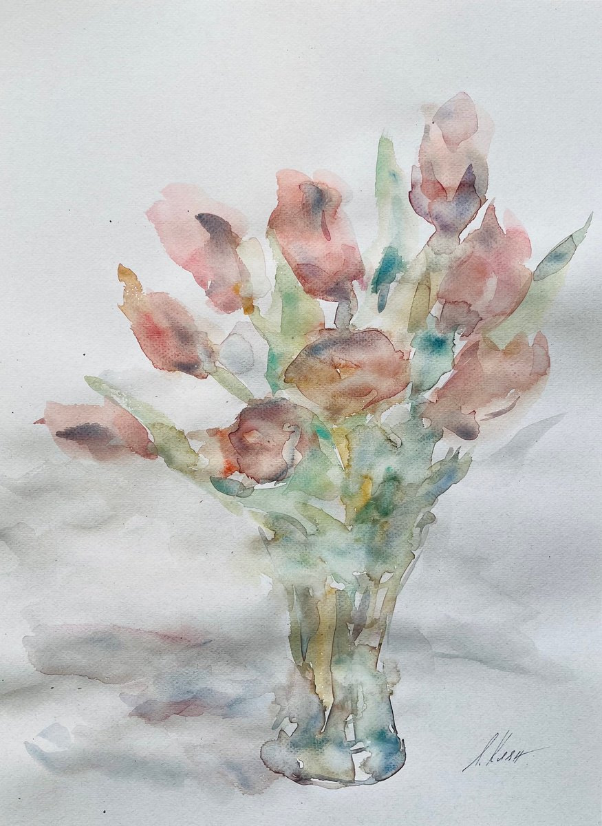 Impressionistic Still Life Watercolour By Elena Klyan, 12 X 16, Tulips 30X40 Cm 2025, Original Artwork