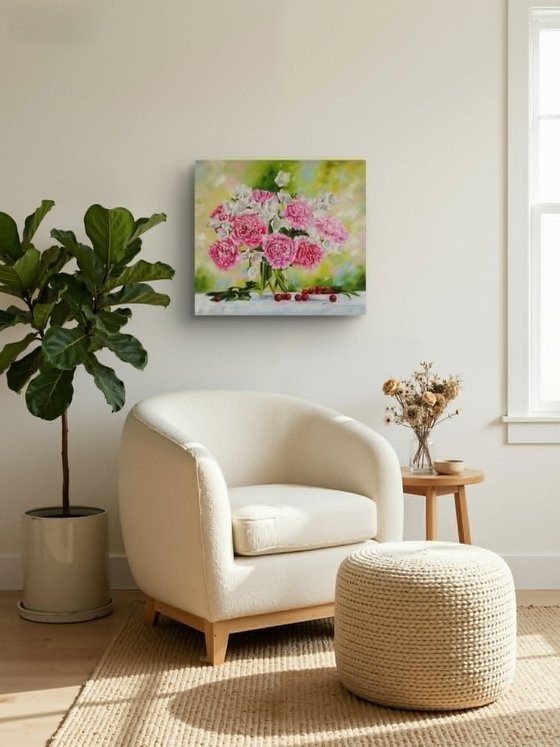 Pink Peonies in Glass Vase
