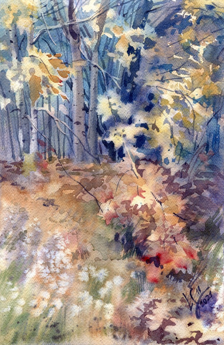 Impressionistic Landscape Watercolour By Svitlana Lagutina, 7 X 11", Whispers Of Autumn Woods, Original Artwork