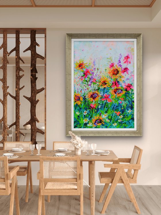 Vibrant Sunflowers and Poppies Landscape