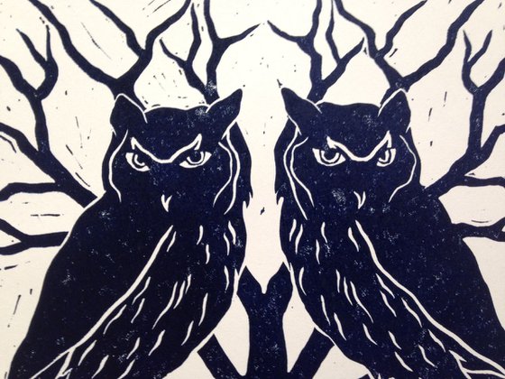 Owl lino print, printmaking, Prussian blue, trees, winter