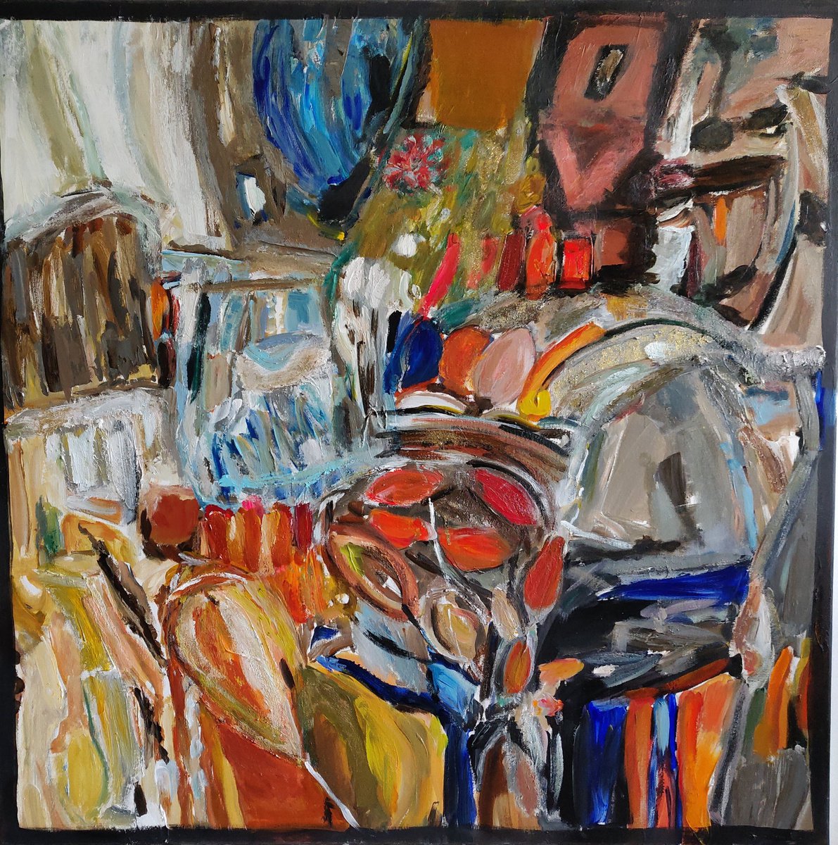 Abstract Acrylic Painting By Sylvie Dodin, 39 X 39", Golden Powder Inspiration, Original Artwork