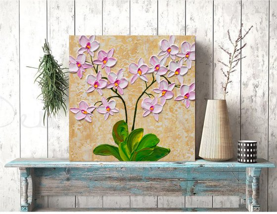 Pink Orchid Blooms - Impasto Flower Painting
